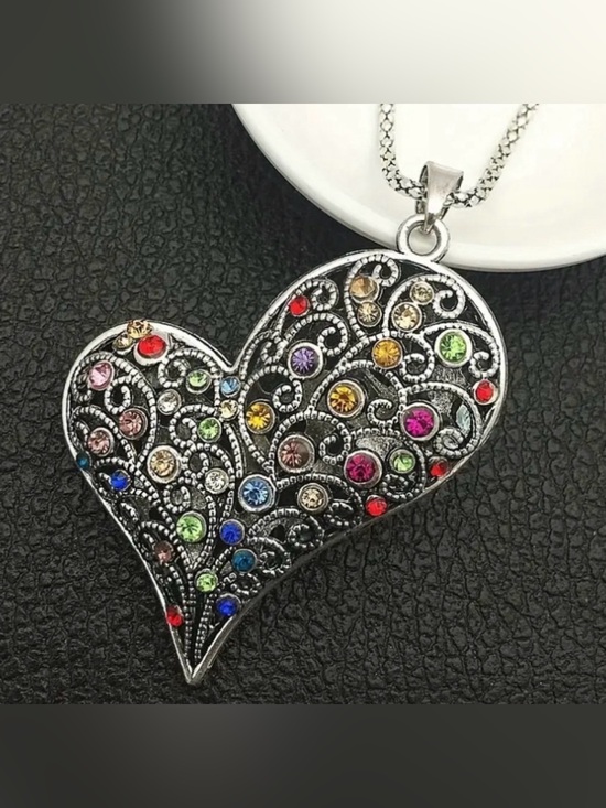 Jewelry - Multi-Colour Rhinestone Heart Necklace on Long 30” Chain